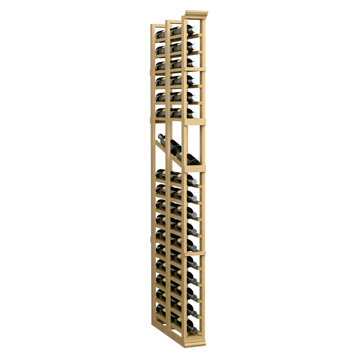 Double deep wine display rack, pale wood finish, tall 2-column bottle storage with metal accents.