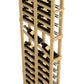 Double deep wine display rack with pale wood shelves, wine bottles, and silver peg holder row.
