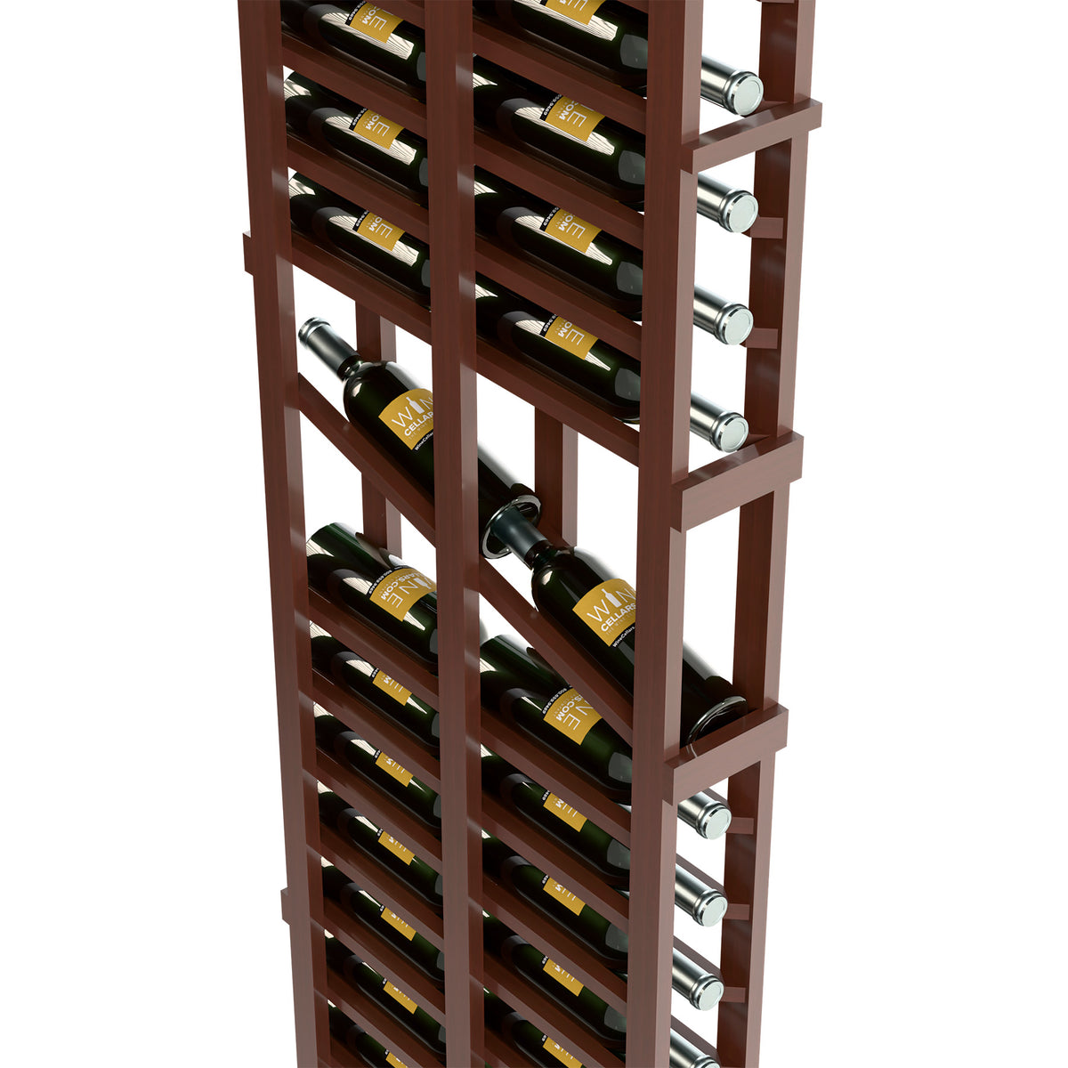 Gray-finished wine display rack close-up with double-deep bottle rows and metal pegs