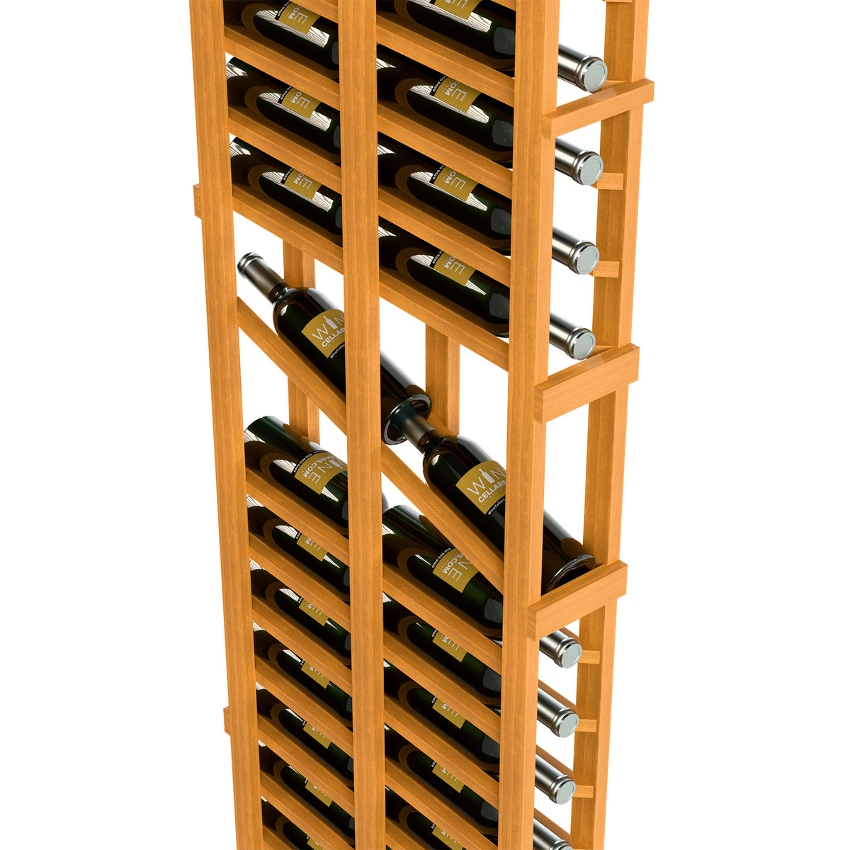 Light wood wine display rack close-up with double-deep bottle rows and metal pegs