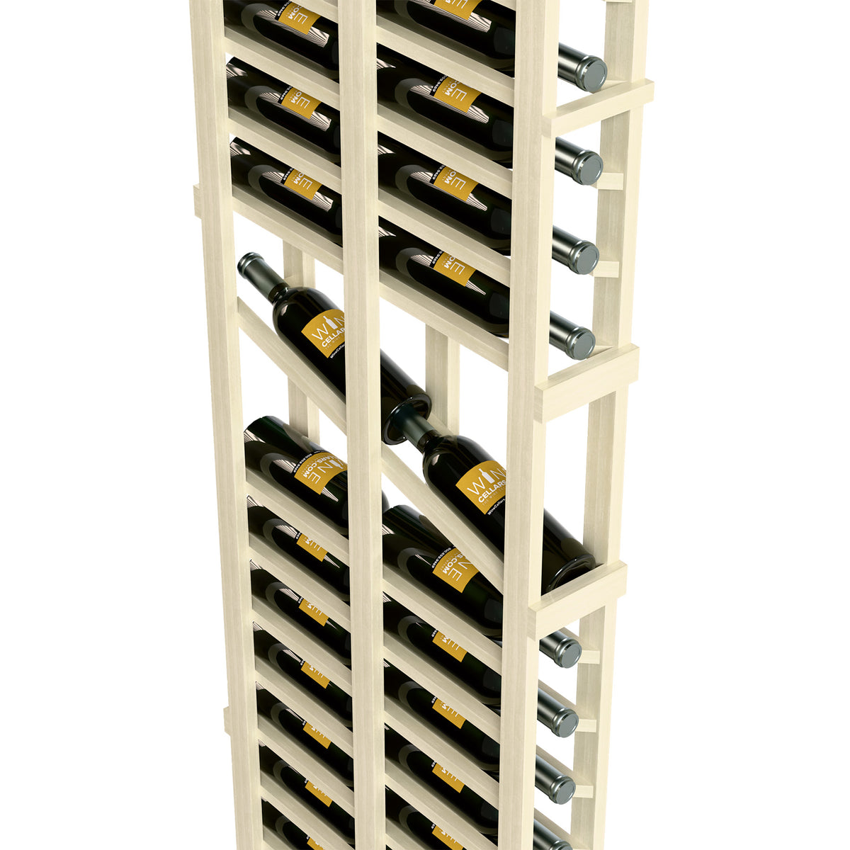 6ft wine display rack, pale wood with double rows of bottles and metal side pegs