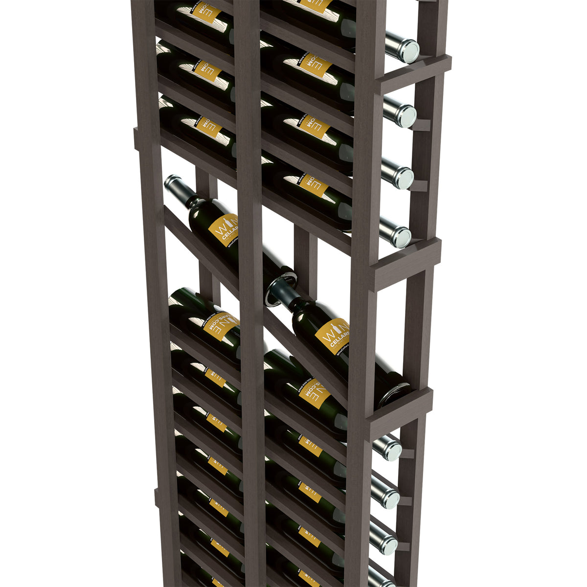 6ft wine display rack, dark wood with double rows of wine bottles and metal pegs
