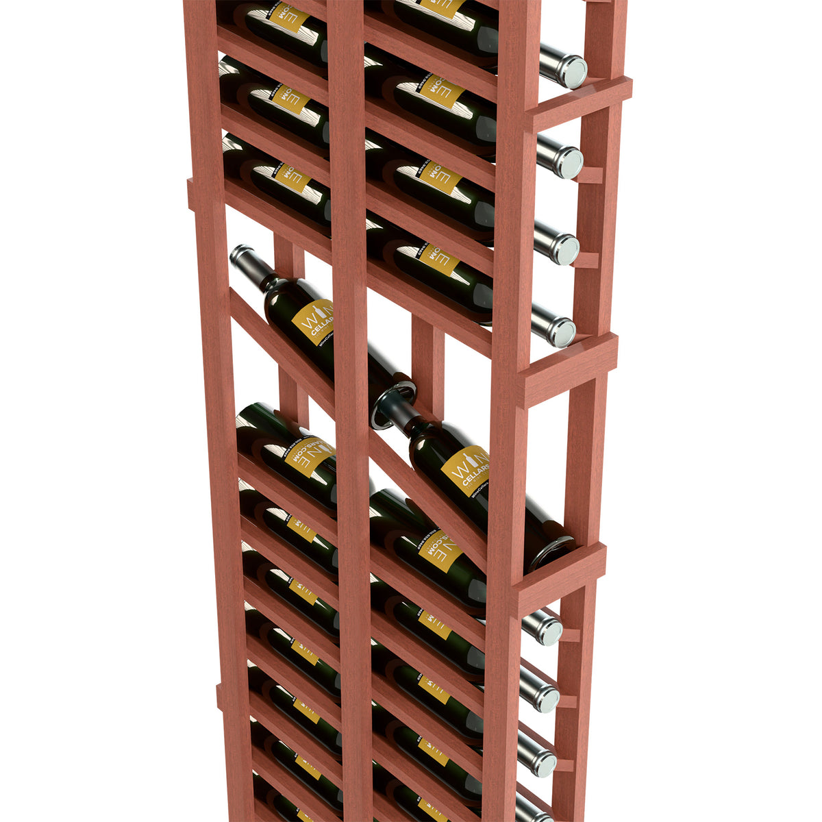 6ft wine display rack, reddish wood with double rows of bottles and metal side pegs