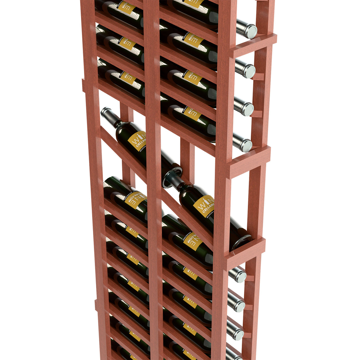 Wood wine bottle display rack with glass bottles in slots and silver side bottle rests