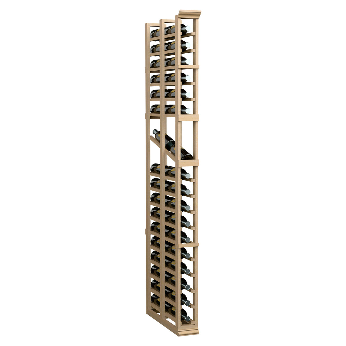 Tall light-wood double-deep wine bottle display rack, front view with many bottles