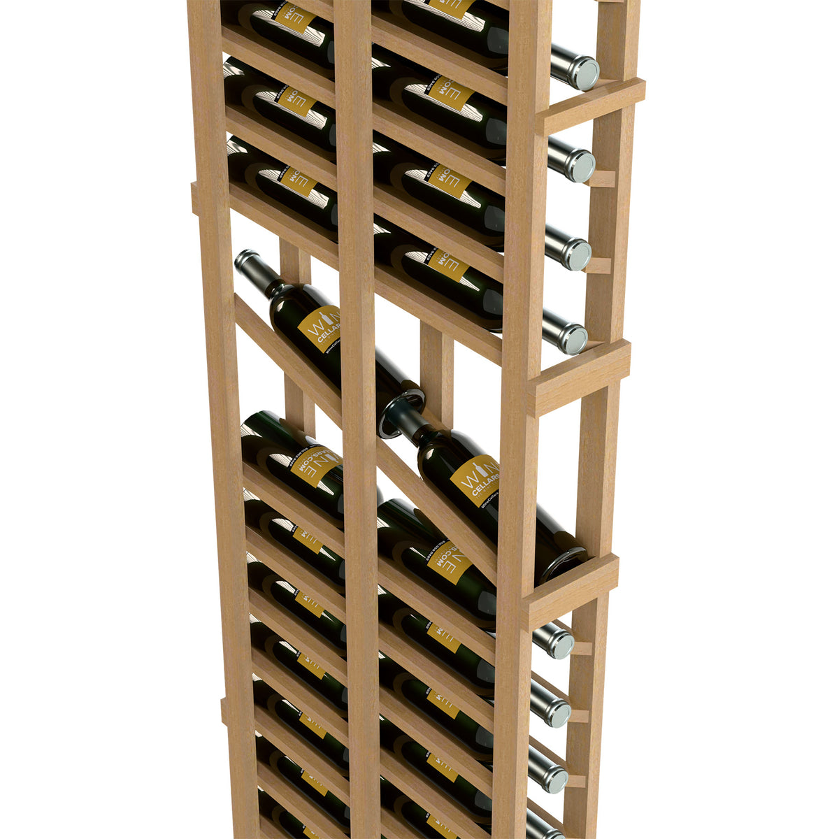 Light-wood wine bottle display rack with bottles in cradles and silver side rests