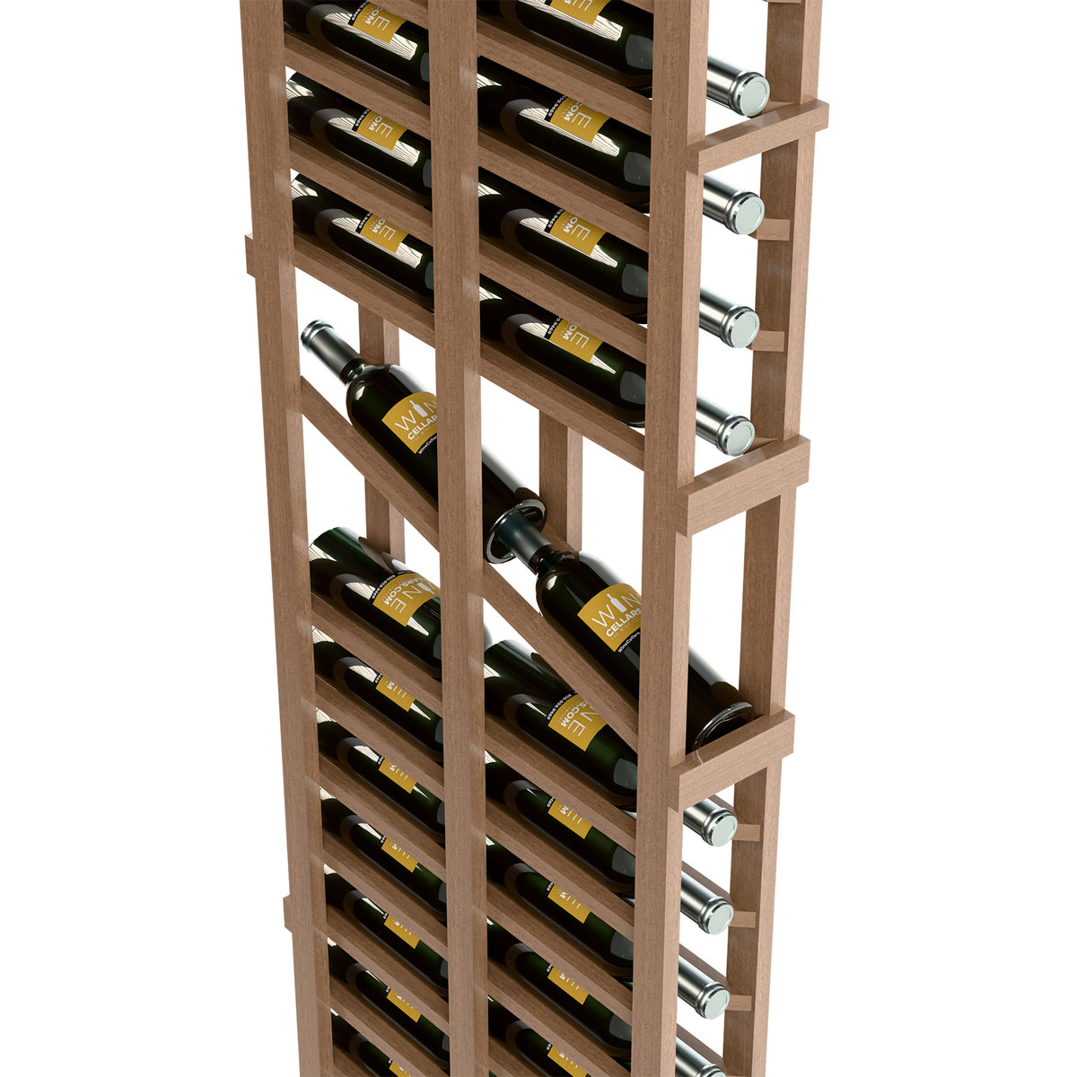 Close-up light-wood wine rack showing bottle rows and silver metal bottle rests