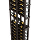Double-deep wine rack with dark wood shelves and metal bottle supports on the side