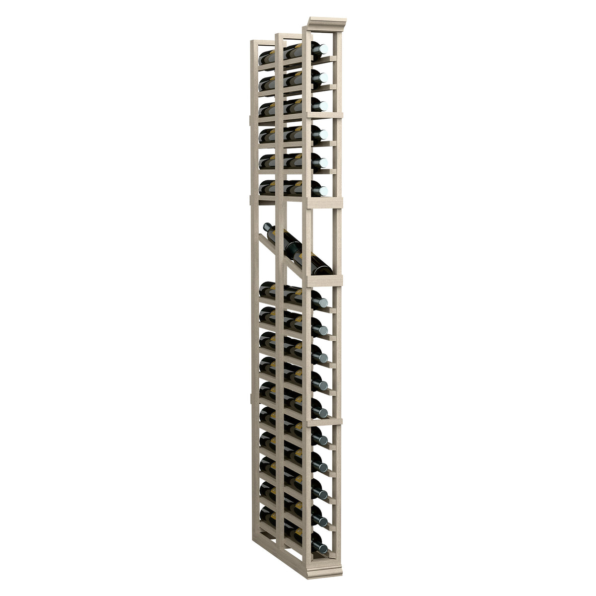 Tall double-deep wine display rack with light wood frame and slanted bottle slots