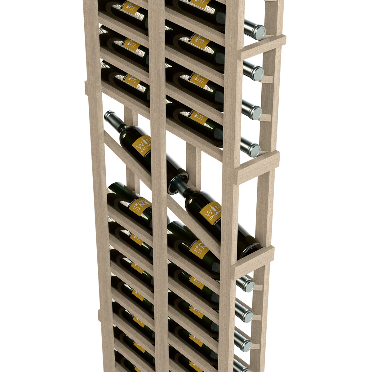 Double-deep wine rack with light wood shelves and round metal bottle supports