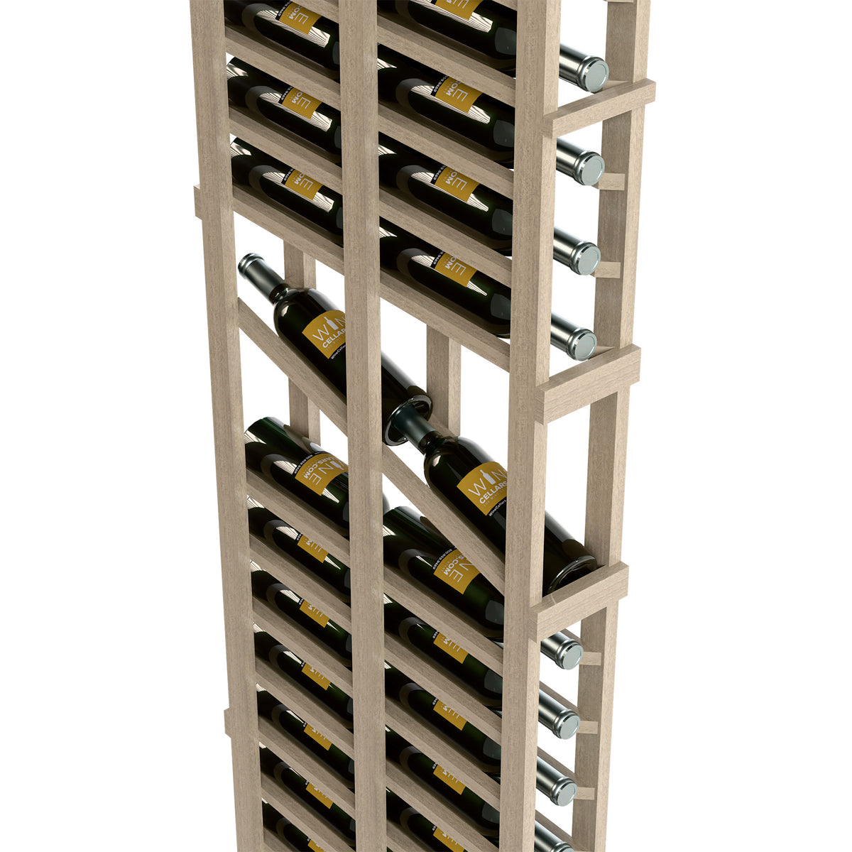 Double-deep wine rack with light wood finish and side metal pegs holding bottles
