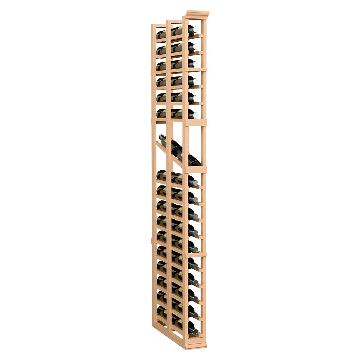Tall double-deep wine display rack with natural wood frame and slanted bottle compartments