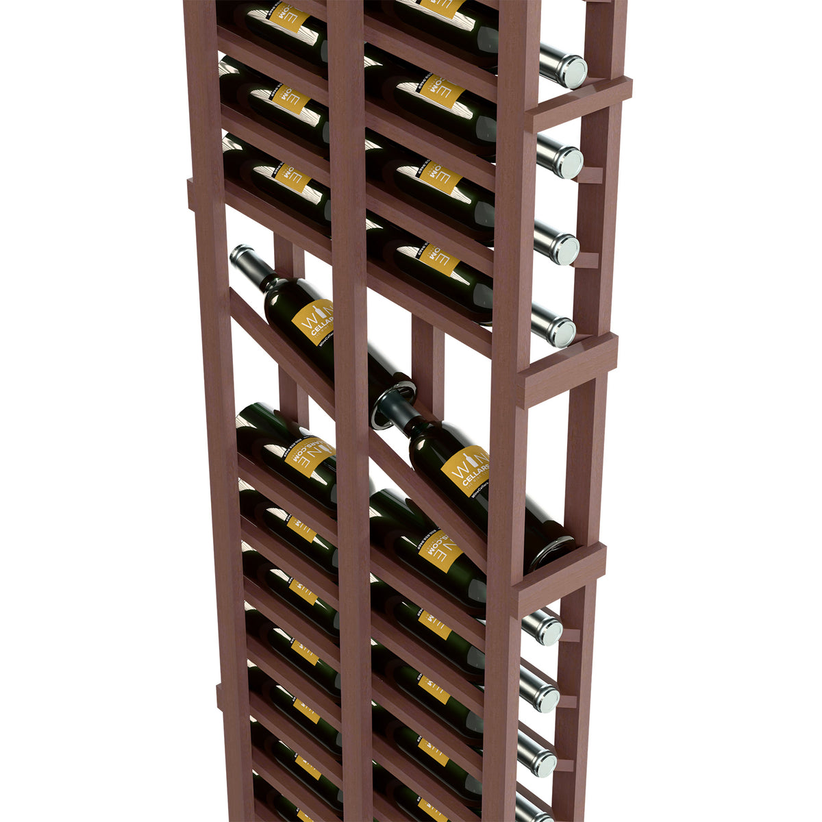 Dark wood wine rack front with bottle slots and chrome-style bottle holders