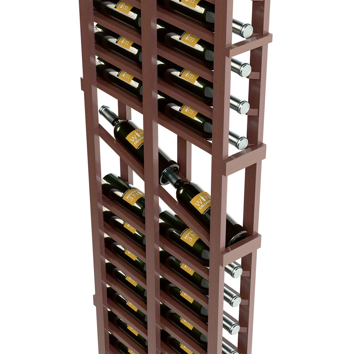 Dark wood wine rack with two rows of bottles and metal bottle holder rings
