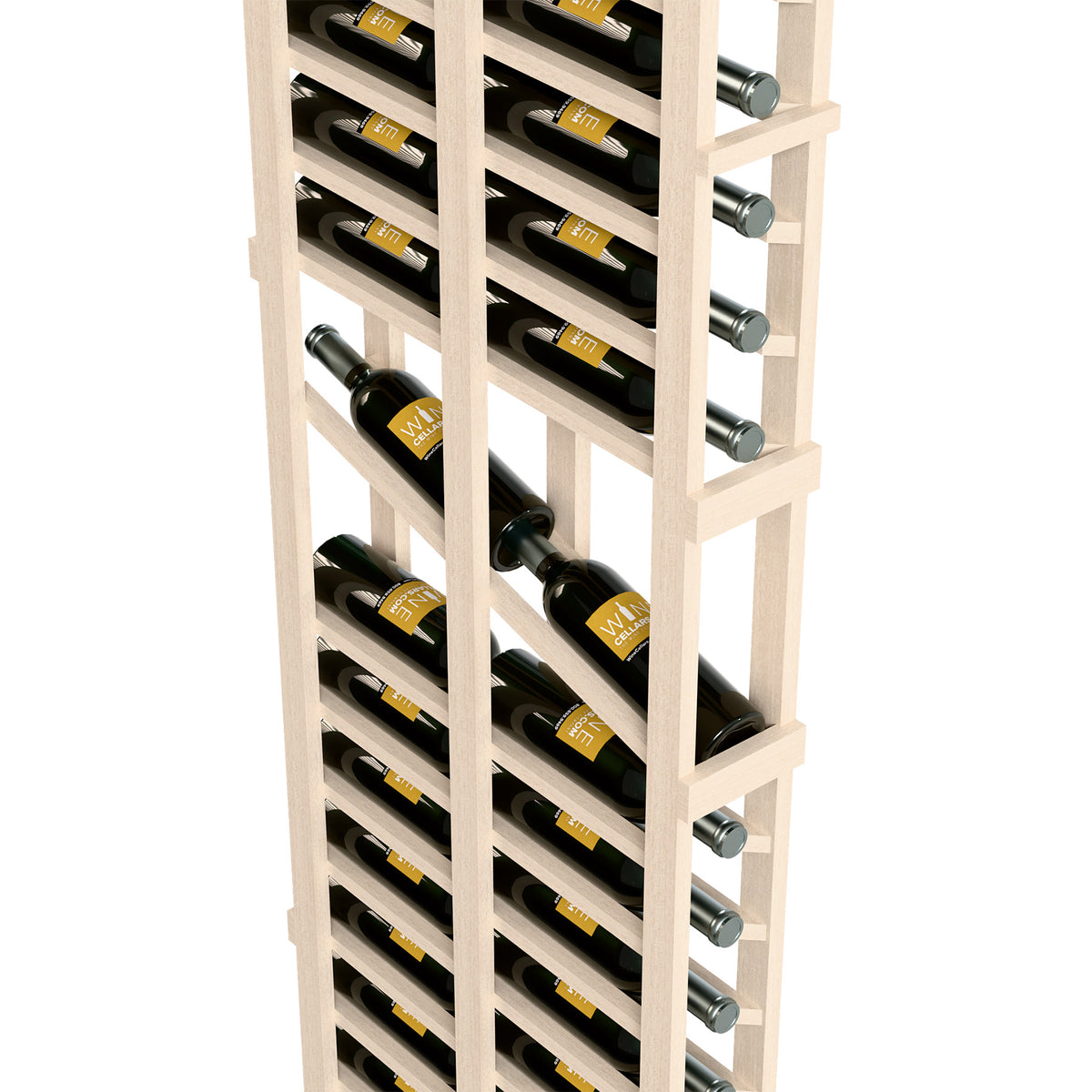 Light wood double-deep wine rack with stacked bottle holders and right-side metal pegs