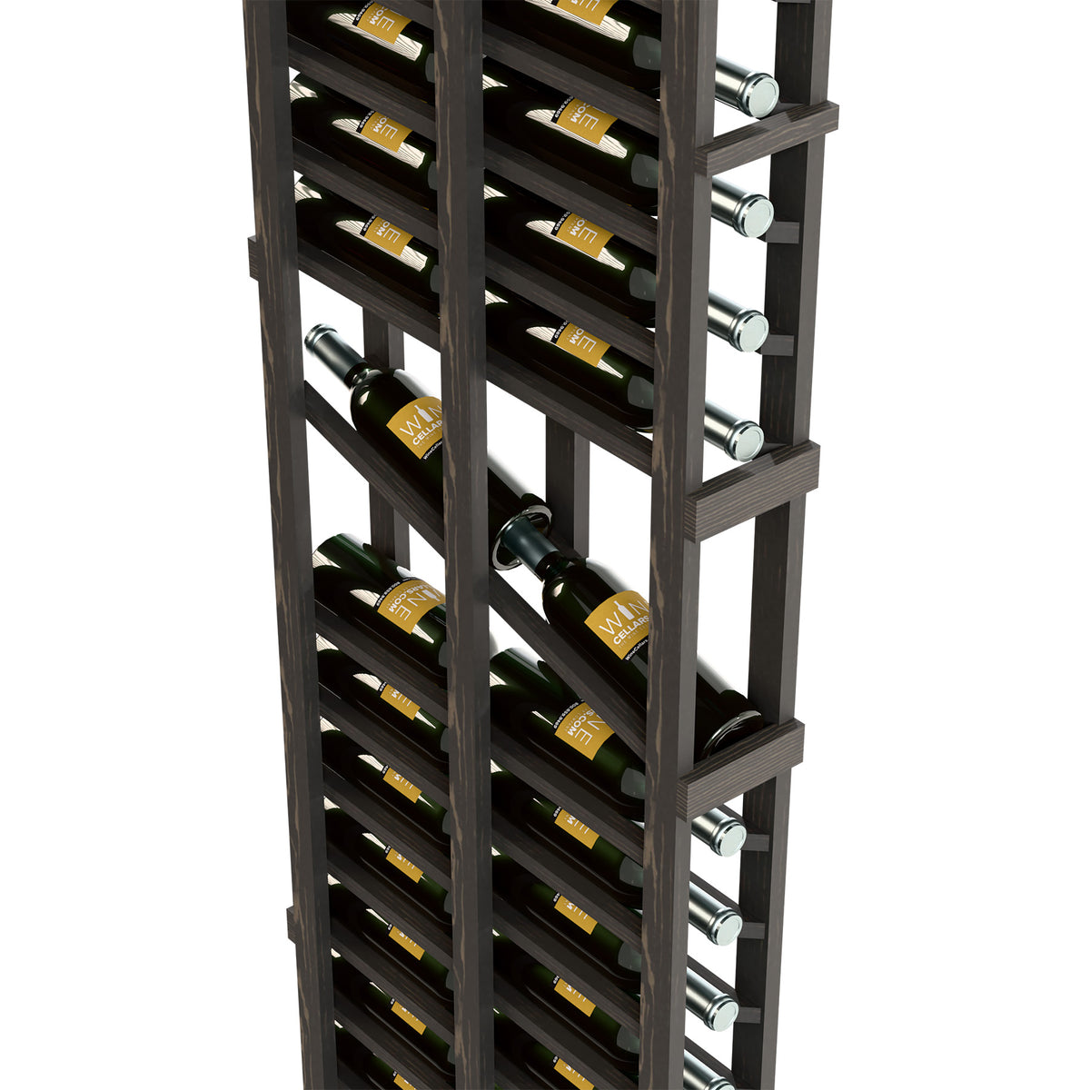 Dark wood double-deep wine rack with bottle rows and right-side metal pegs