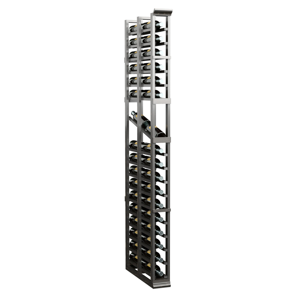 Dark wood double-deep wine display rack, front view showing bottle storage columns