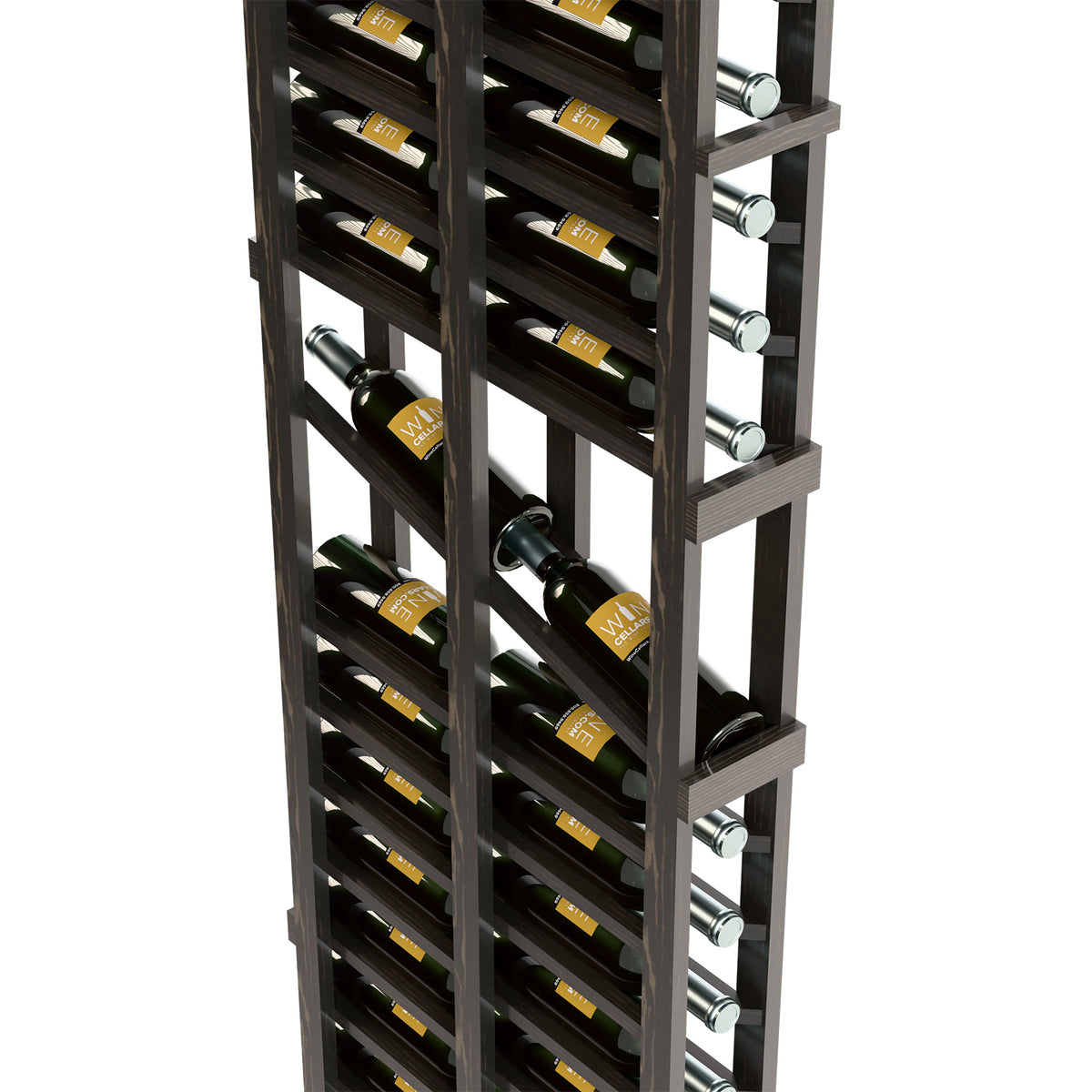 Dark-stained 6ft wine display rack with two deep bottle rows and side pegs