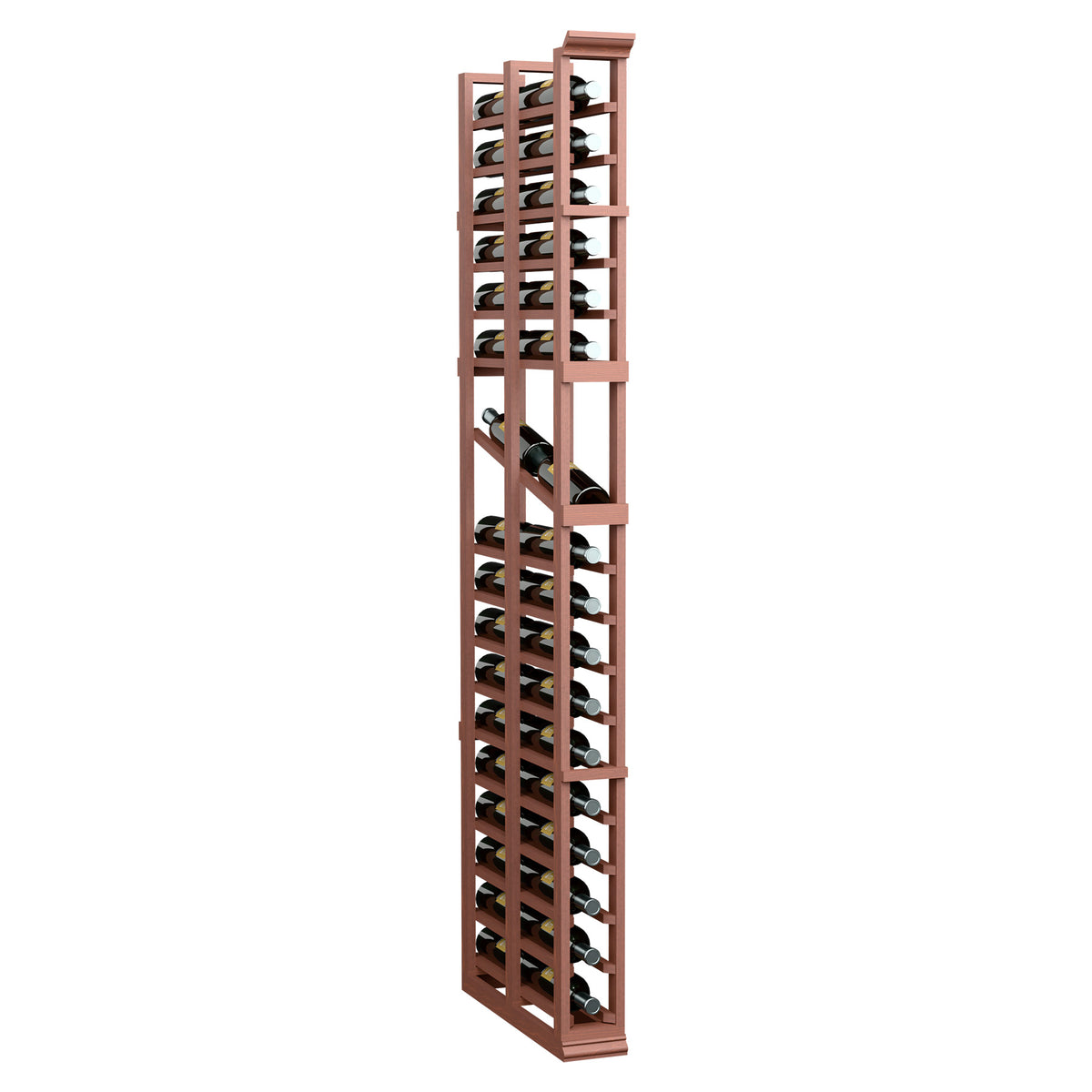 Red wood 6ft wine display rack with two deep bottle rows and side metal pegs