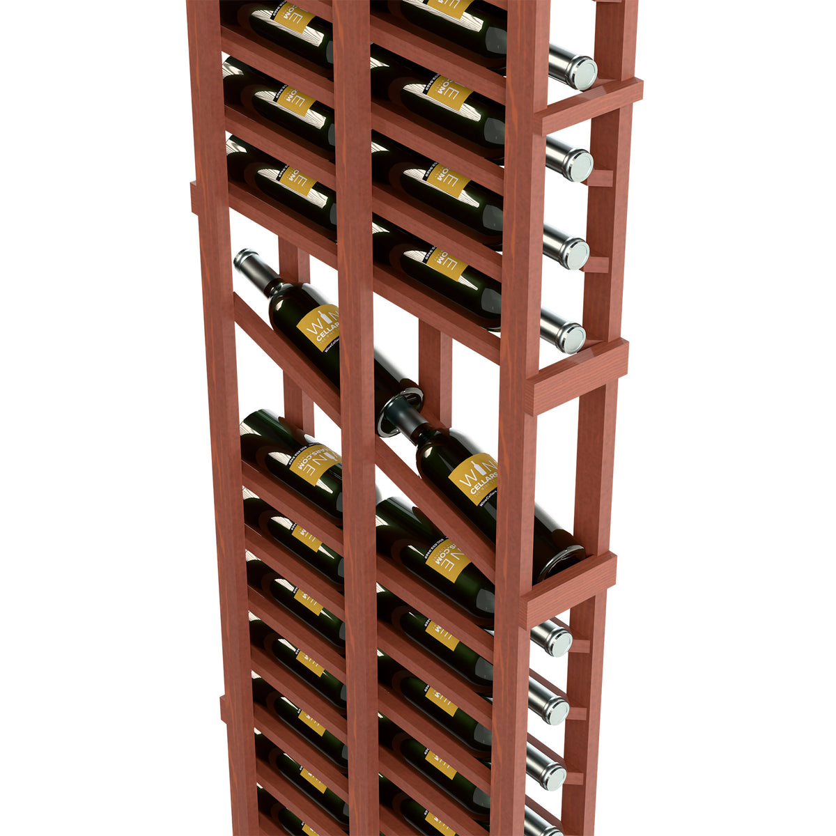 Rust-brown 6ft wine display rack with two deep bottle rows and chrome bottle pegs