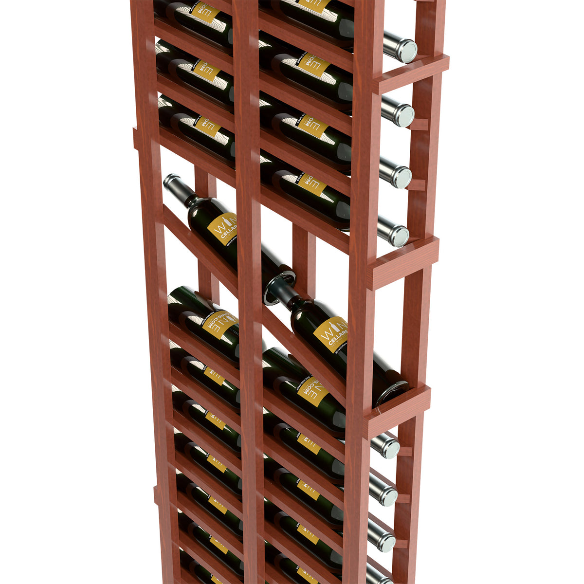 Red wood double-deep wine display rack with vertical bottle slots and right-side pegs