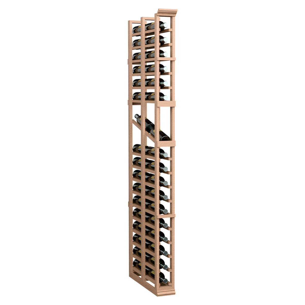 Red wood double-deep wine display rack standing upright with stacked bottle holders