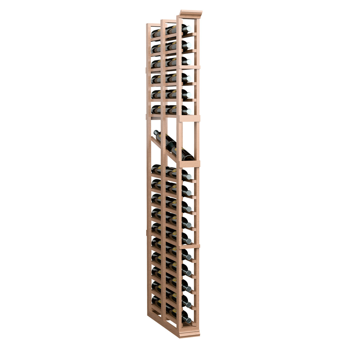 Light wood tall double-deep wine rack with front bottle slots and metal pegs