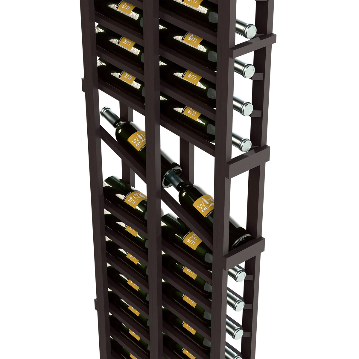 Dark wood double-deep wine rack close-up showing bottle slots and metal pegs