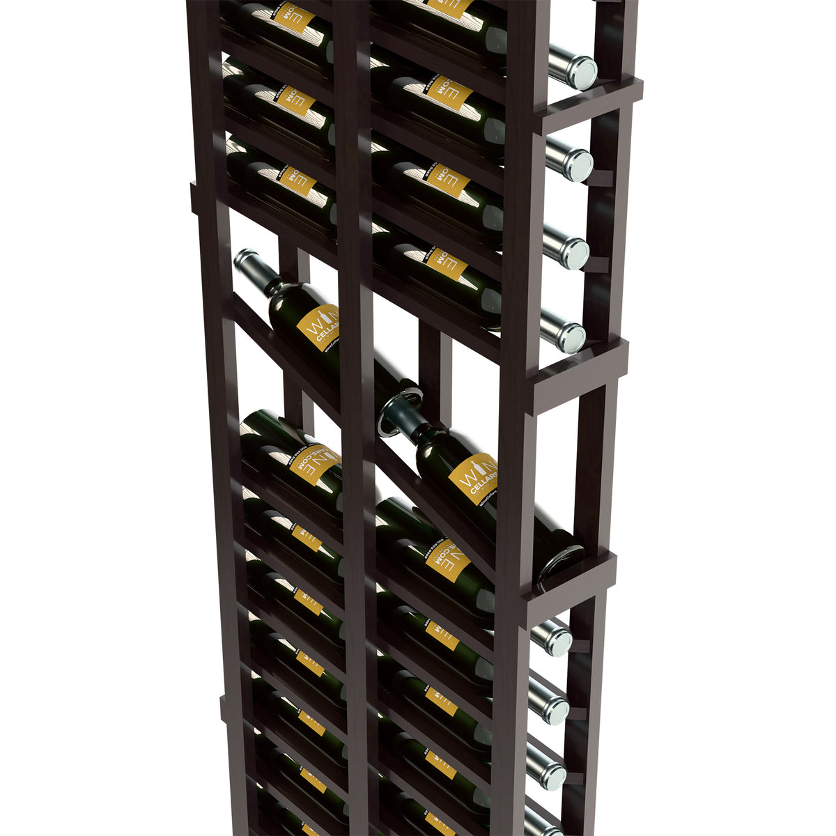 Dark wood double-deep wine rack angled close-up with wine bottles and metal pegs
