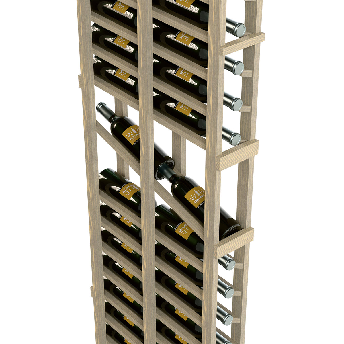 Light wood wine rack detail with stacked wine bottles and metal support pegs
