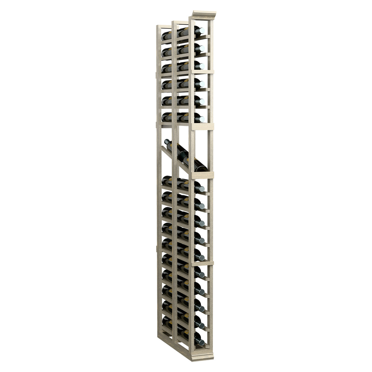 Light wood vertical wine display rack with two deep bottle rows per shelf