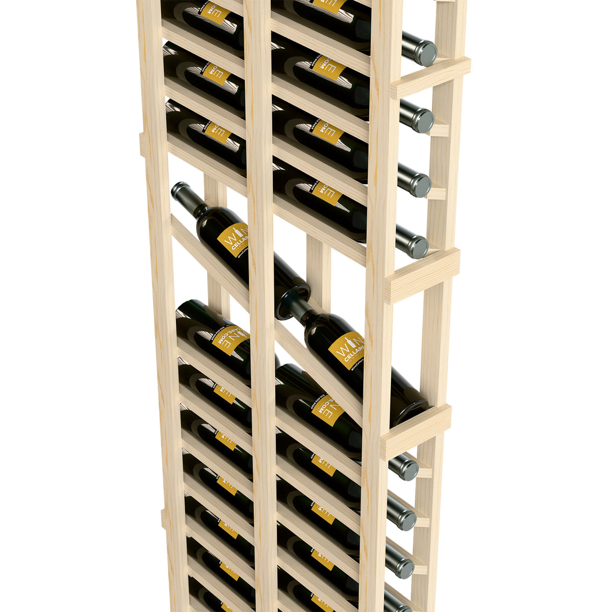 Light wood wine rack detail showing wine bottles and shiny metal pin supports