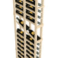 Light wood wine rack close view with bottle compartments and metal peg sides
