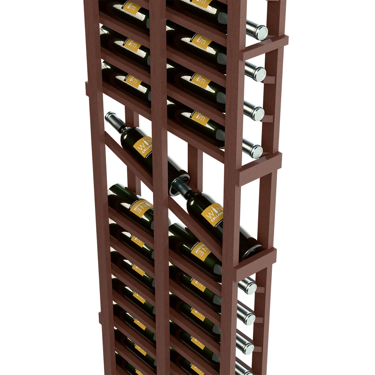 Dark wood wine rack close-up with stacked bottles and side metal support pegs