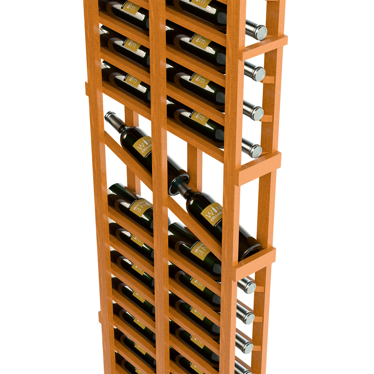 Light wood double-deep wine rack with two rows of bottles and silver bottle caps