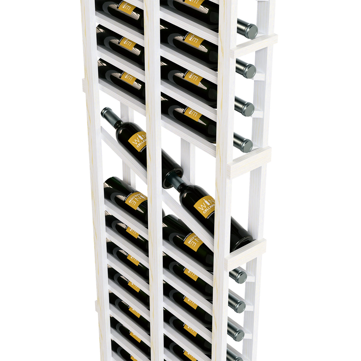White double-deep wine rack with bottles in two rows and silver bottle caps