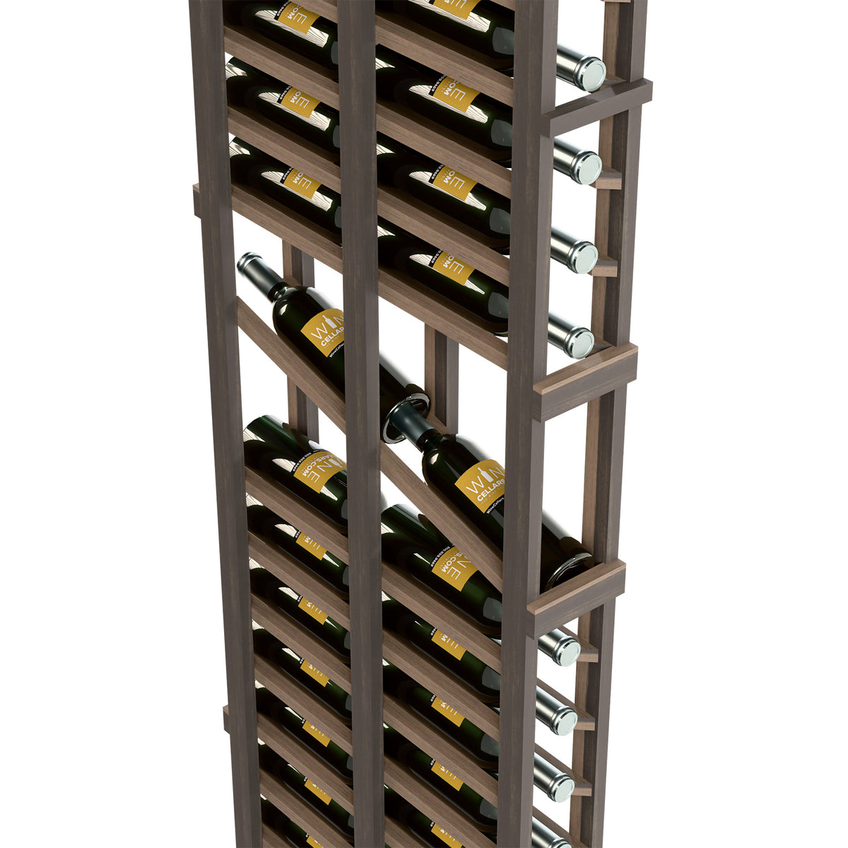 Double-deep wine rack with dark wood shelves and metal bottle holders; rows of bottles