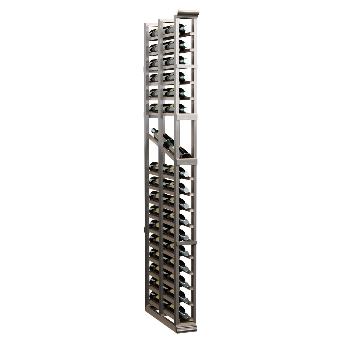 6ft double-deep wine display rack with black metal cradles, gray wood frame