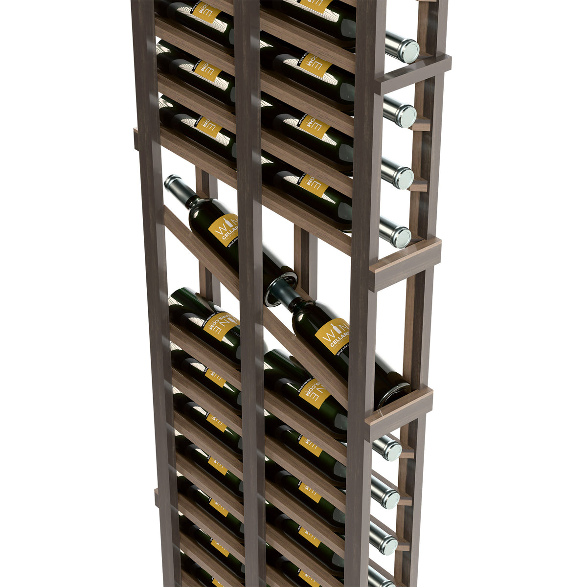 Dark wood double-deep wine rack with metal bottle holders and full bottle display