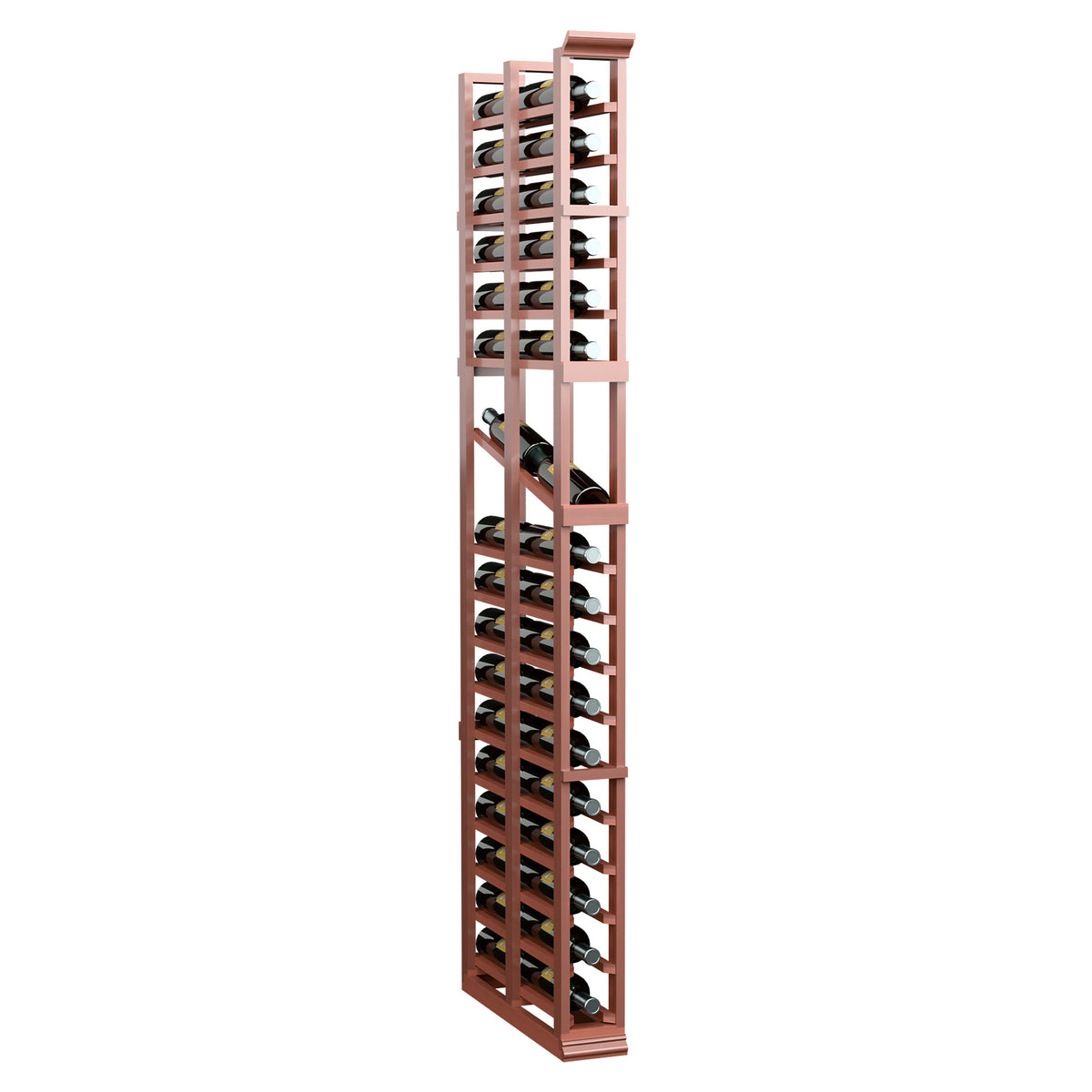 6ft double-deep wine display rack with black metal cradles, light reddish wood frame