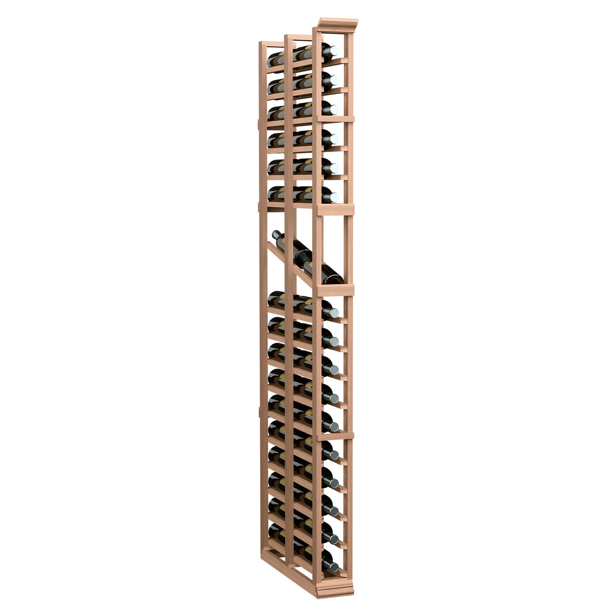 6ft double-deep wine display rack with black metal cradles, natural wood frame