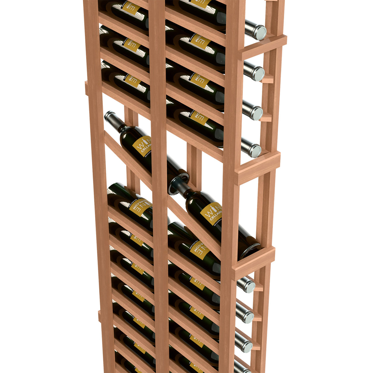 Natural wood double-deep wine rack with metal bottle holders; close front view with bottles