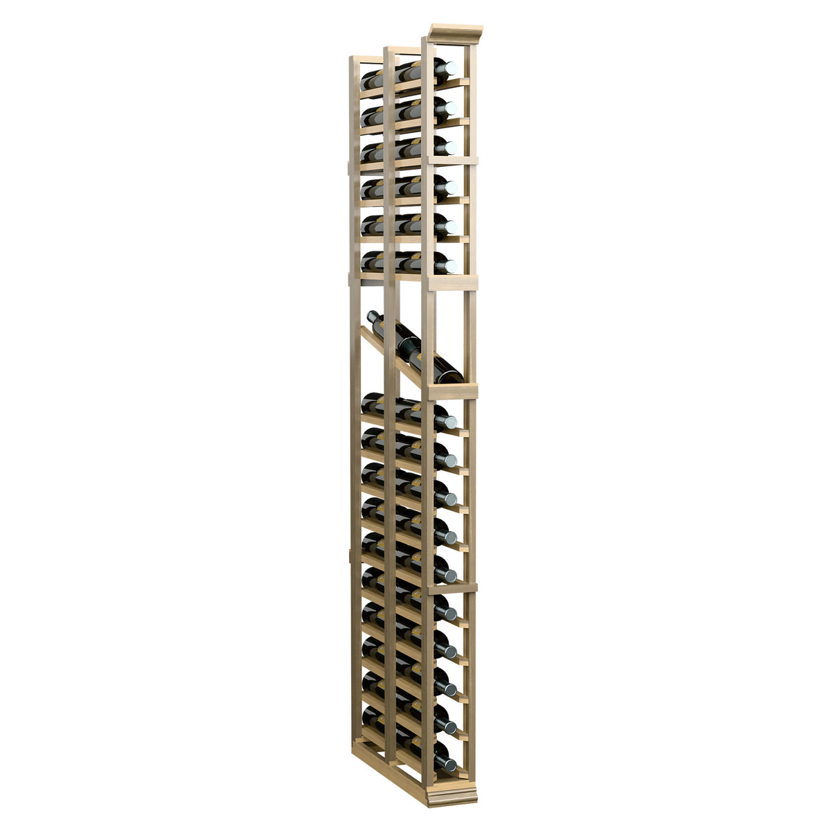 Wood wine display rack with double deep compartments and wine bottles in each slot