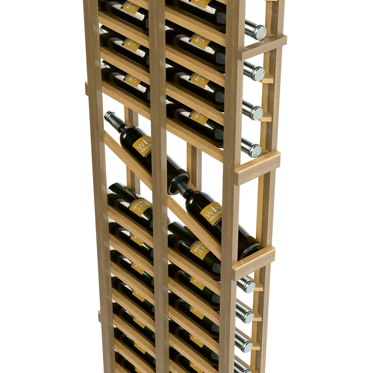 Double deep wine rack side view showing bottle storage shelves and metal bottle pegs