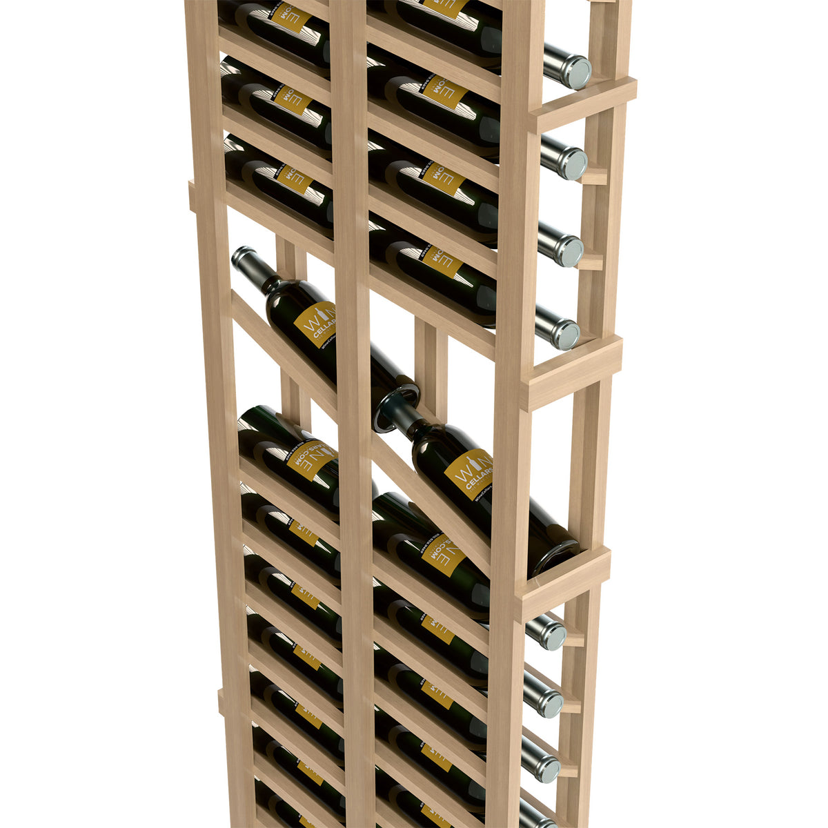Light wood double-deep wine rack close-up with bottles and round metal pegs