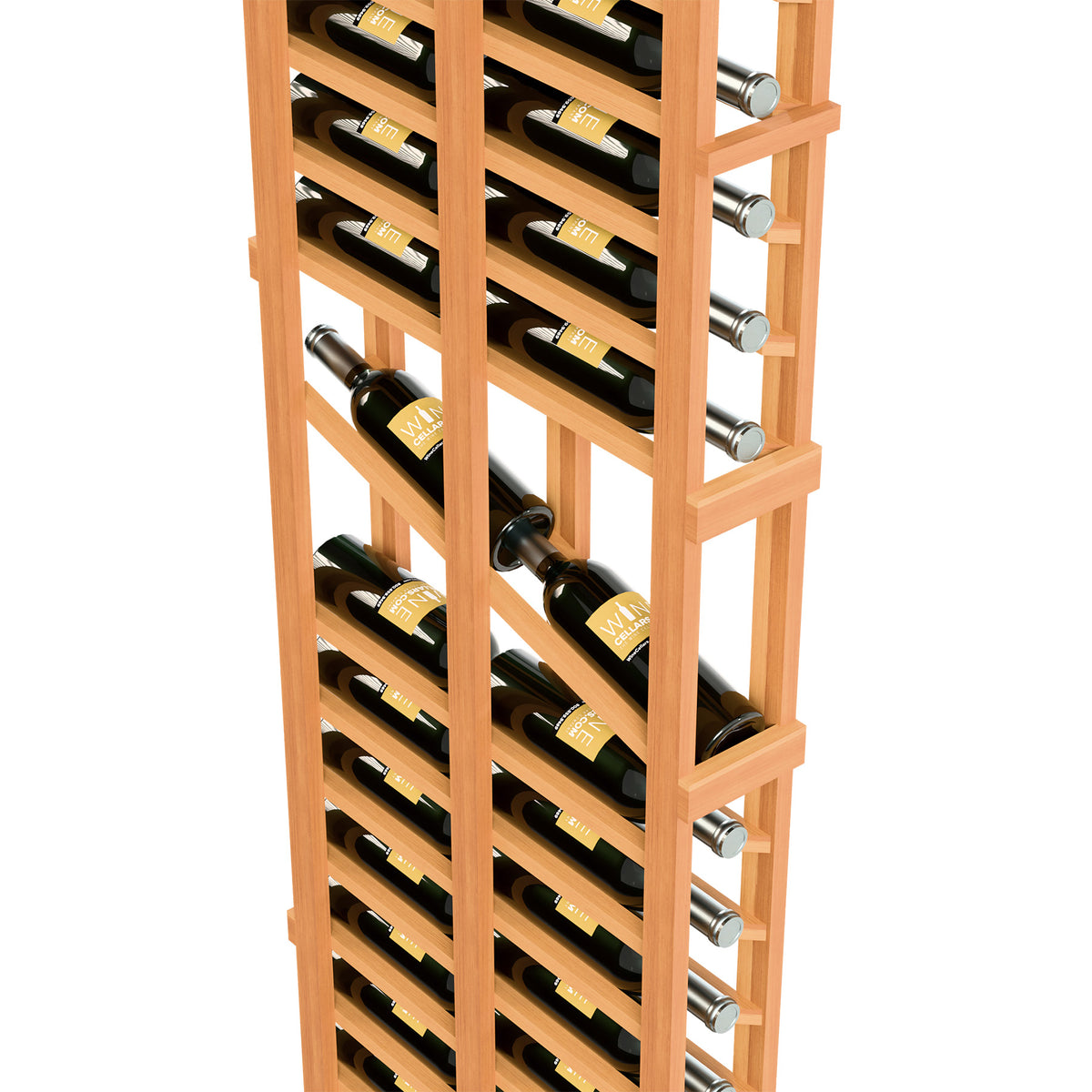 Warm wood double-deep wine rack close-up with bottles and metal peg supports