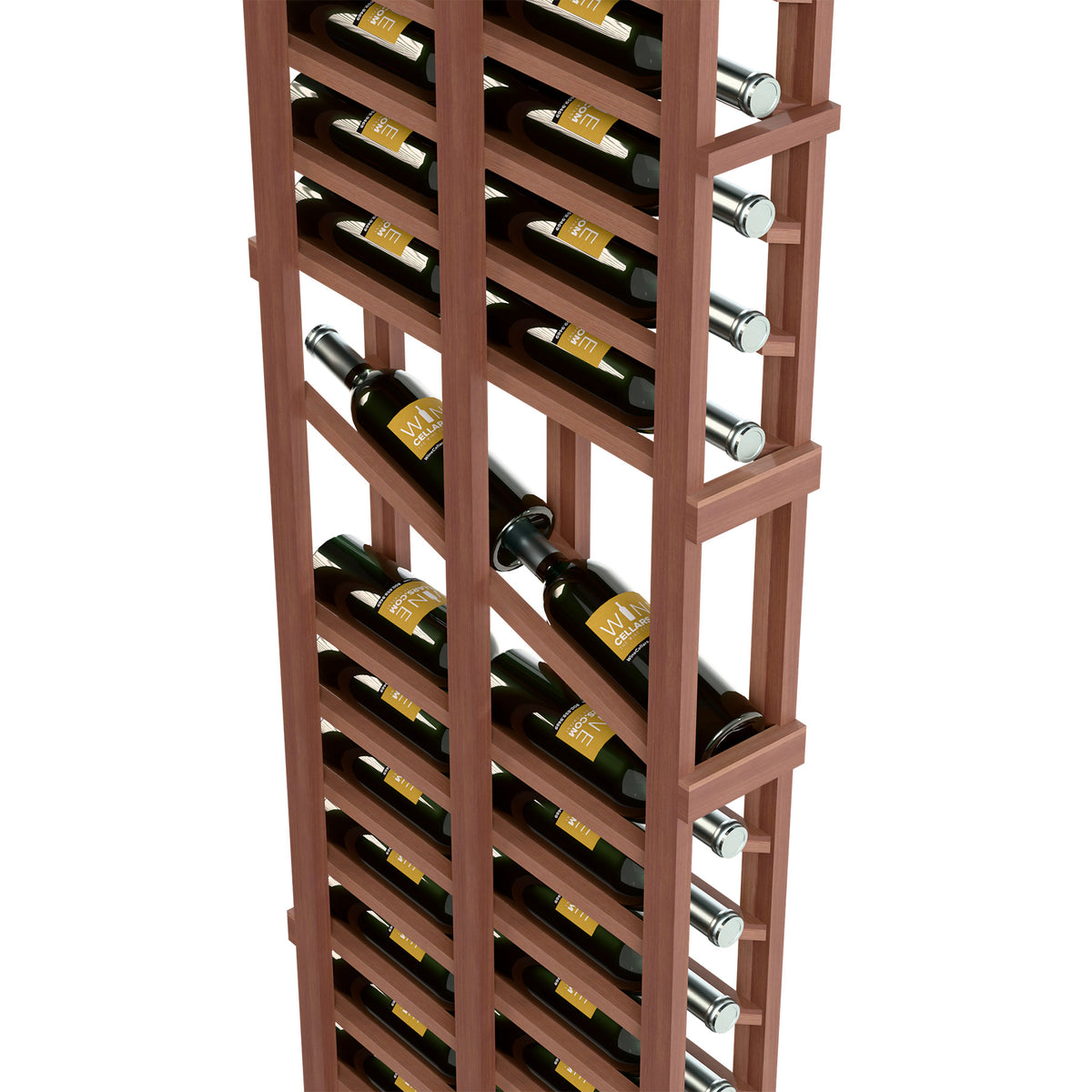 Dark wood double-deep wine rack close-up with bottles and round metal pegs