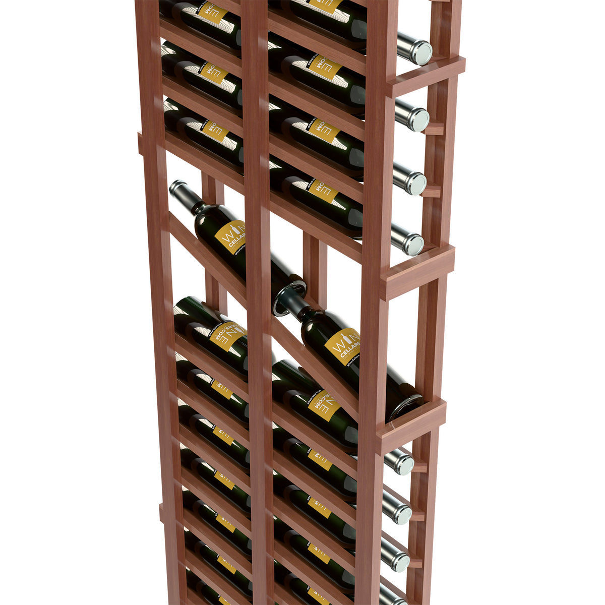 6ft wine display rack, medium-brown wood frame with two-deep bottle rows and metal rests