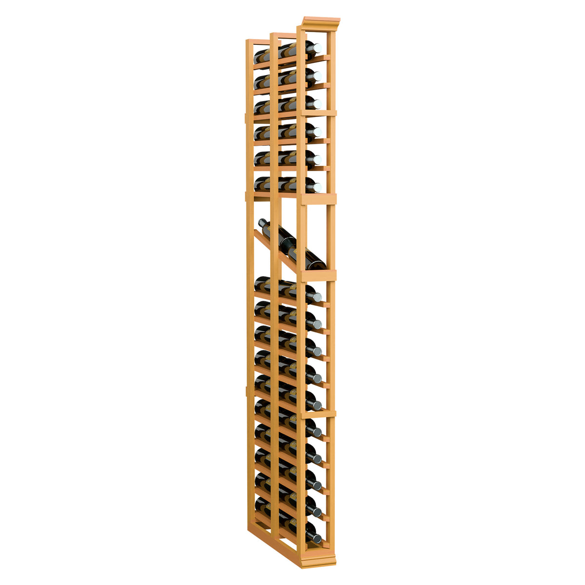 6ft wine display rack, light wood frame with two-deep rows of wine bottles