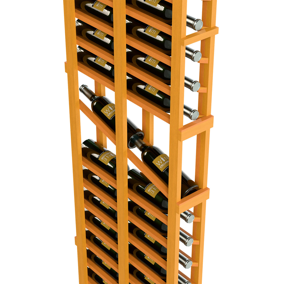 6ft wine display rack, honey-colored wood frame with two-deep bottle rows and metal rests